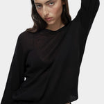 Semi sheer linen blend knit top in black by Mijeong Park, lightweight crewneck sweater with relaxed fit