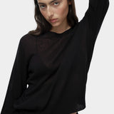 Semi sheer linen blend knit top in black by Mijeong Park, lightweight crewneck sweater with relaxed fit