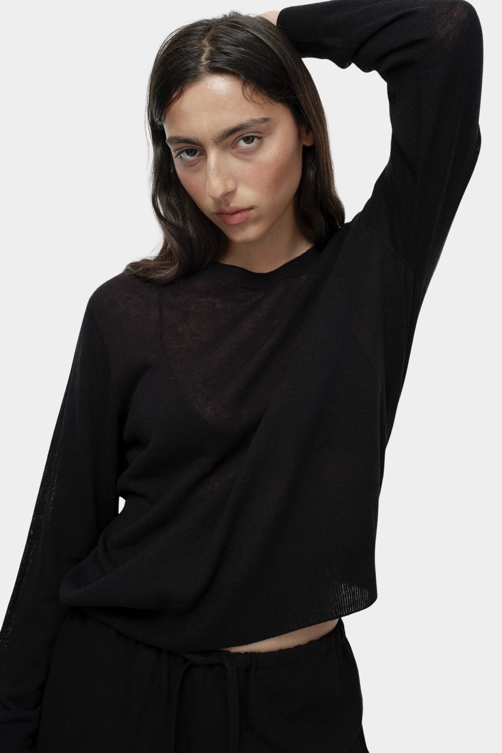 Semi sheer linen blend knit top in black by Mijeong Park, lightweight crewneck sweater with relaxed fit