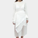 Semi sheer linen blend knit top in white by Mijeong Park, lightweight crewneck sweater with relaxed fit, styled over sheer skirt
