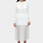 Front view of semi sheer linen blend knit top in white by Mijeong Park lightweight long sleeve crewneck sweater