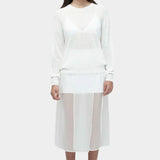 Front view of semi sheer linen blend knit top in white by Mijeong Park lightweight long sleeve crewneck sweater