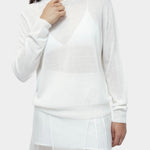Detail of semi sheer white linen blend knit top by Mijeong Park with crew neckline and relaxed lightweight knit