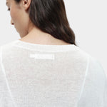 Close-up back detail of semi sheer linen blend knit top in white by Mijeong Park showing lightweight textured knit
