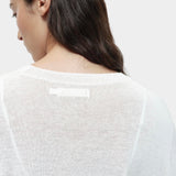 Close-up back detail of semi sheer linen blend knit top in white by Mijeong Park showing lightweight textured knit