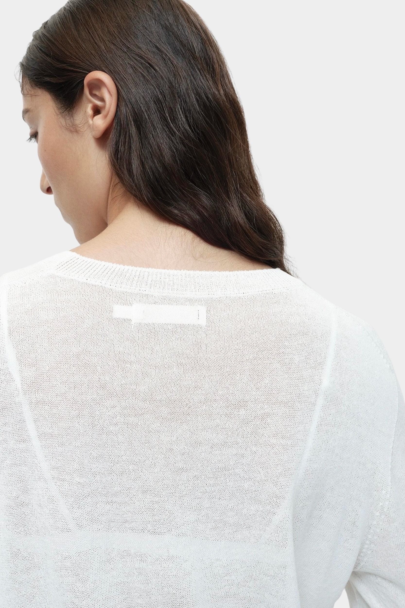 Close-up back detail of semi sheer linen blend knit top in white by Mijeong Park showing lightweight textured knit