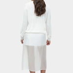 Back view of semi sheer linen blend knit top in white by Mijeong Park, lightweight long sleeve crewneck sweater
