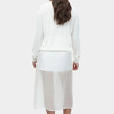Back view of semi sheer linen blend knit top in white by Mijeong Park, lightweight long sleeve crewneck sweater