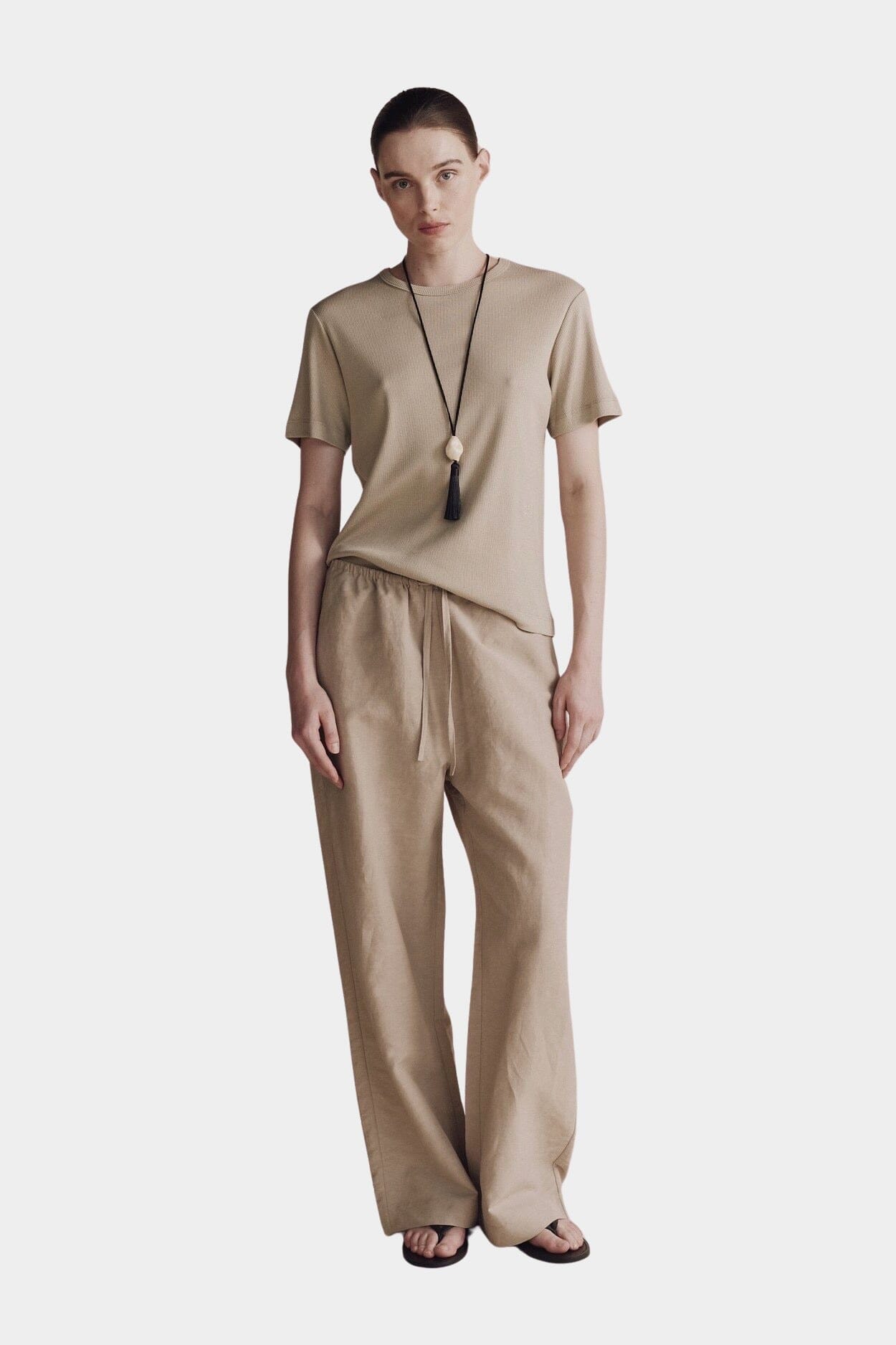 Mijeong Park - Silk Linen Drawstring Pants - Light Khaki - Pants - YUCCA, women’s clothing website, women’s elevated trouser.