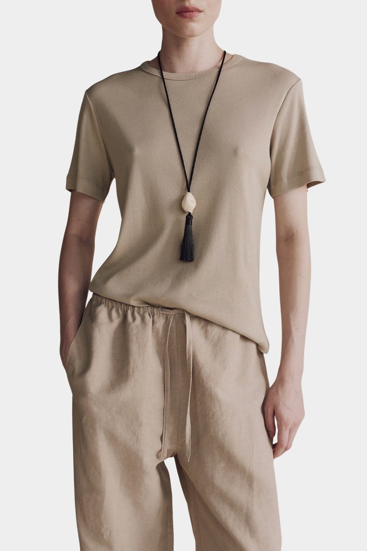 Mijeong Park - Silk Linen Drawstring Pants - Light Khaki - Pants - YUCCA, women’s clothing website, women’s elevated trouser.