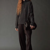 Mijeong Park Wool Blend Drawstring Pants in black styled with a charcoal sweater and leather bag