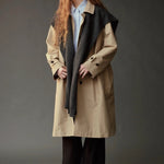Mijeong Park Wool Blend Knit Shawl Charcoal layered over beige trench coat at YUCCA Denver