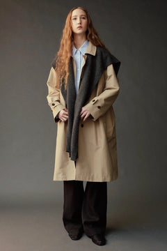 Mijeong Park Wool Blend Knit Shawl Charcoal layered over beige trench coat at YUCCA Denver