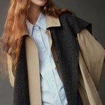 Mijeong Park Wool Blend Knit Shawl Charcoal worn over beige trench coat, close-up view