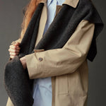 Mijeong Park Wool Blend Knit Shawl Charcoal styled over beige trench coat, detail view