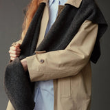 Mijeong Park Wool Blend Knit Shawl Charcoal styled over beige trench coat, detail view