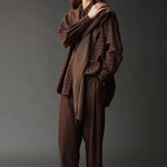 Mijeong Park Wool Blend Knit Shawl Light Brown worn long over plaid shirt at YUCCA Denver