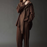 Mijeong Park Wool Blend Knit Shawl Light Brown worn long over plaid shirt at YUCCA Denver