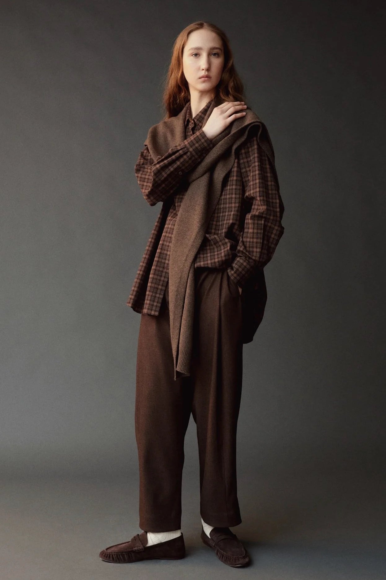 Mijeong Park Wool Blend Knit Shawl Light Brown worn long over plaid shirt at YUCCA Denver
