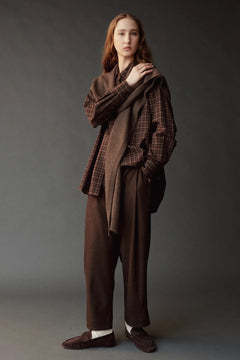 Mijeong Park Wool Blend Knit Shawl Light Brown worn long over plaid shirt at YUCCA Denver