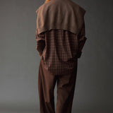 Mijeong Park Wool Blend Knit Shawl Light Brown layered over plaid shirt, back view