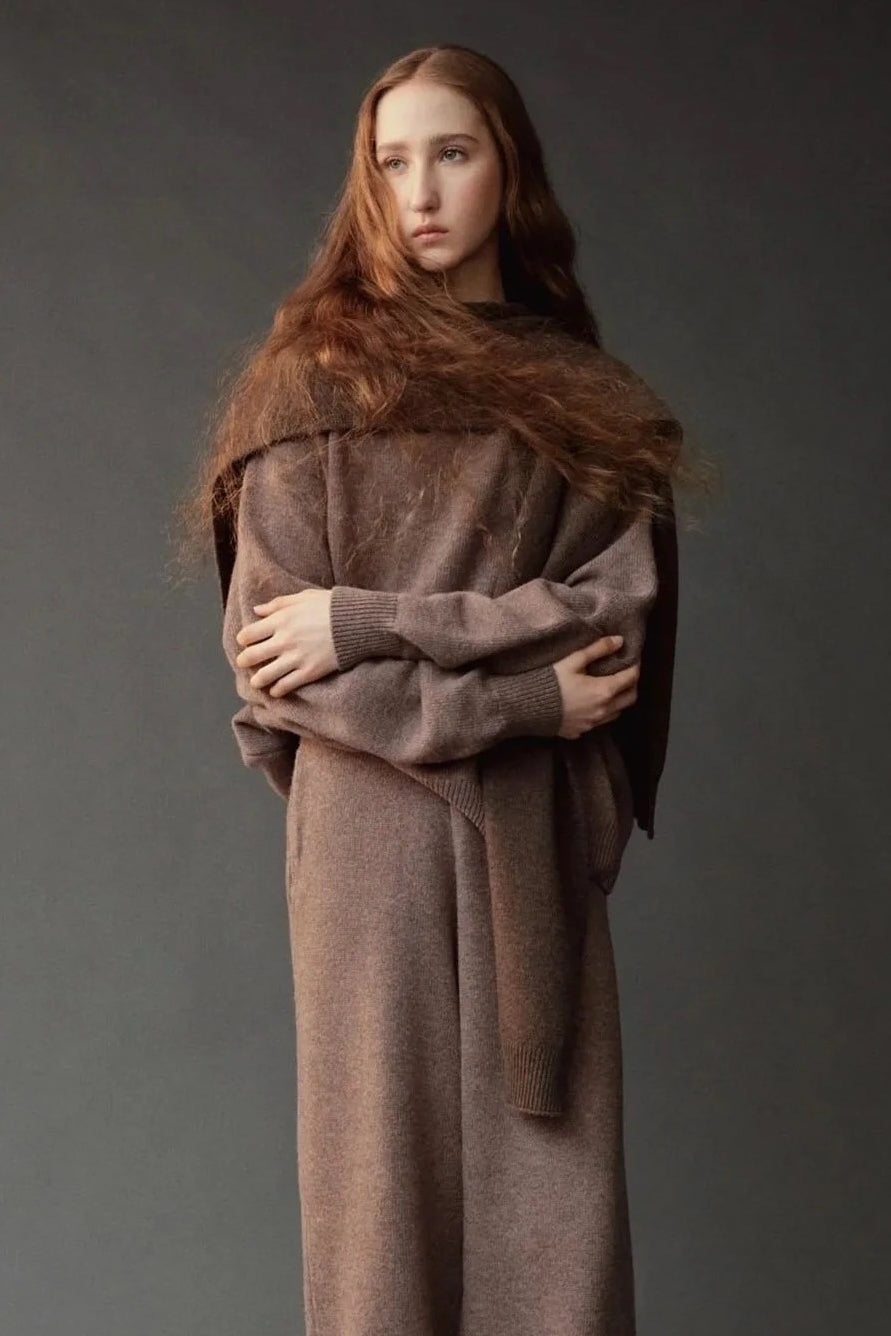 Mijeong Park Wool Blend Knit Shawl Light Brown styled over matching knit sweater and trousers