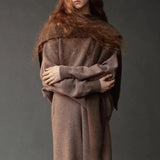 Mijeong Park Wool Blend Knit Shawl Light Brown styled over matching knit sweater and trousers