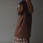 Mijeong Park Wool Blend Knit Shawl Navy draped across shoulders over brown coat, back view