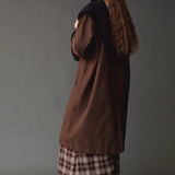 Mijeong Park Wool Blend Knit Shawl Navy draped across shoulders over brown coat, back view