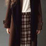 Mijeong Park Wool Blend Knit Shawl Navy styled long over brown coat and plaid skirt