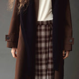 Mijeong Park Wool Blend Knit Shawl Navy styled long over brown coat and plaid skirt
