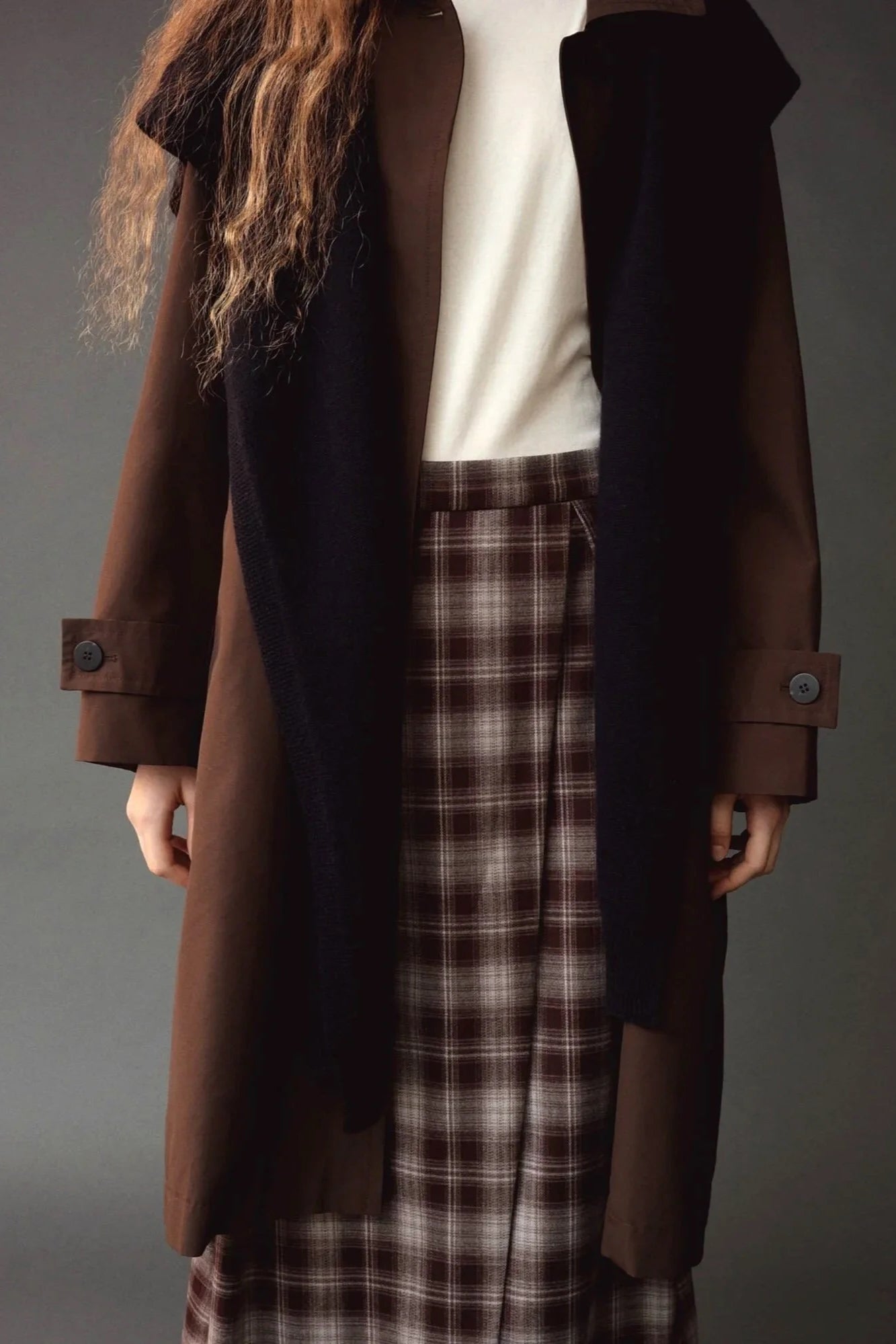 Mijeong Park Wool Blend Knit Shawl Navy styled long over brown coat and plaid skirt