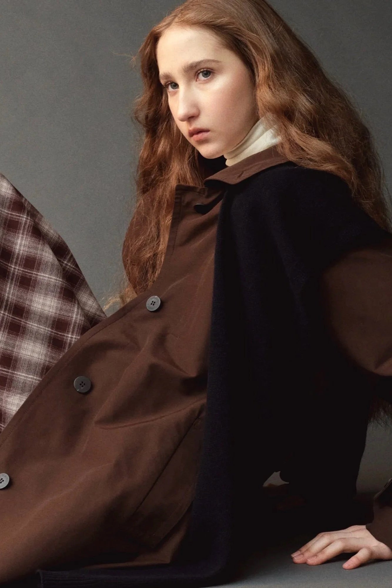 Mijeong Park Wool Blend Knit Shawl Navy draped over brown coat, editorial styling