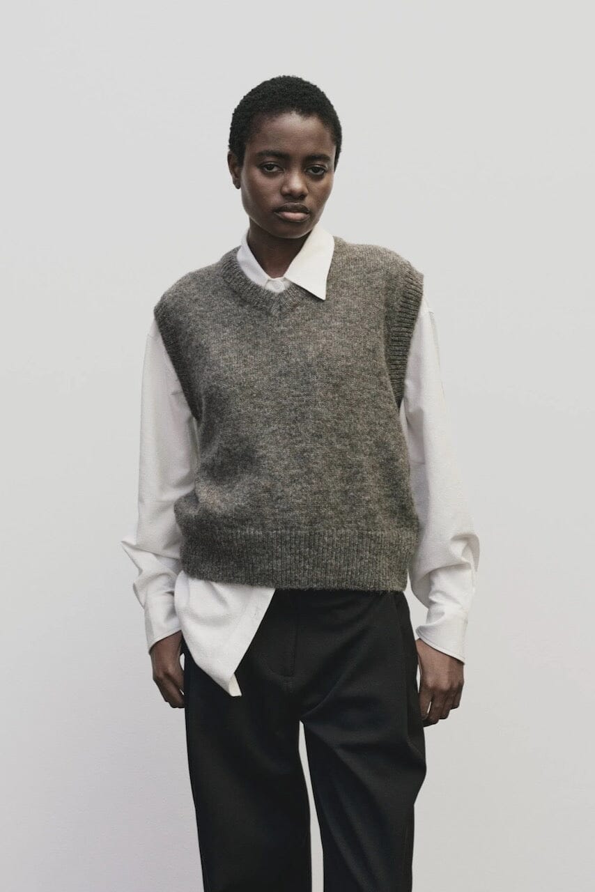 Mijeong Park - Wool Blend V-Neck Vest - Heather Brown - Shirts & Tops - YUCCA, boutique near me, women’s quality knitwear.