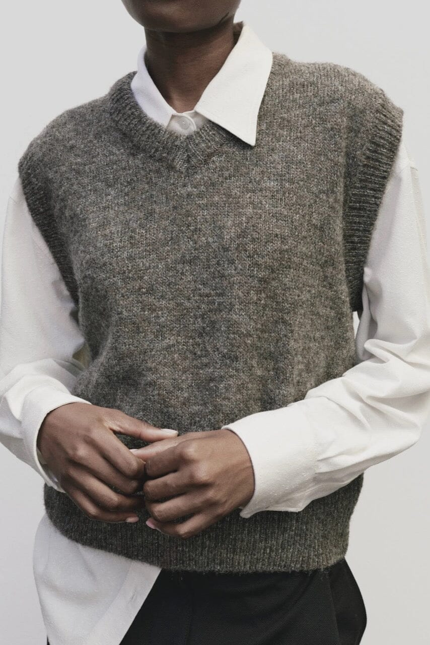 Mijeong Park - Wool Blend V-Neck Vest - Heather Brown - Shirts & Tops - YUCCA, boutique near me, women’s quality knitwear.