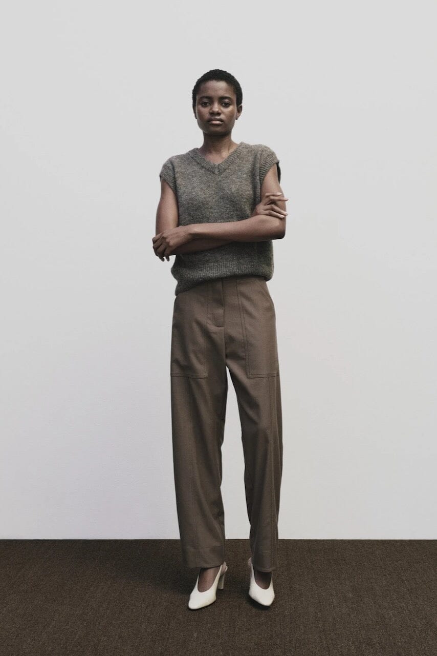 Light brown wool blend workwear trousers by Mijeong Park