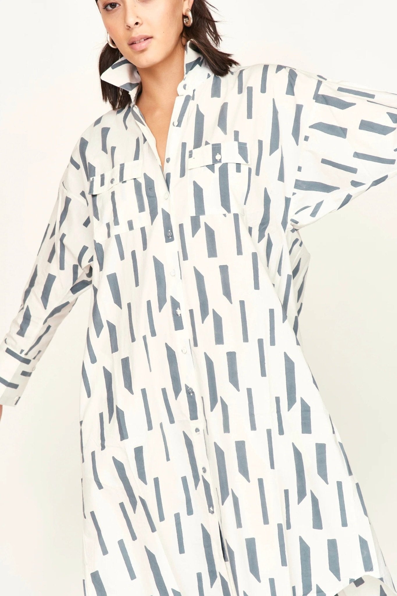 Mirth | Kyoto House Dress In White Rainfall - SHOP YUCCA Dress MIRTH - YUCCA, Women’s clothing store Denver, boutique stores near me, capsule wardrobe, women’s elevated basics, casual dresses Denver.