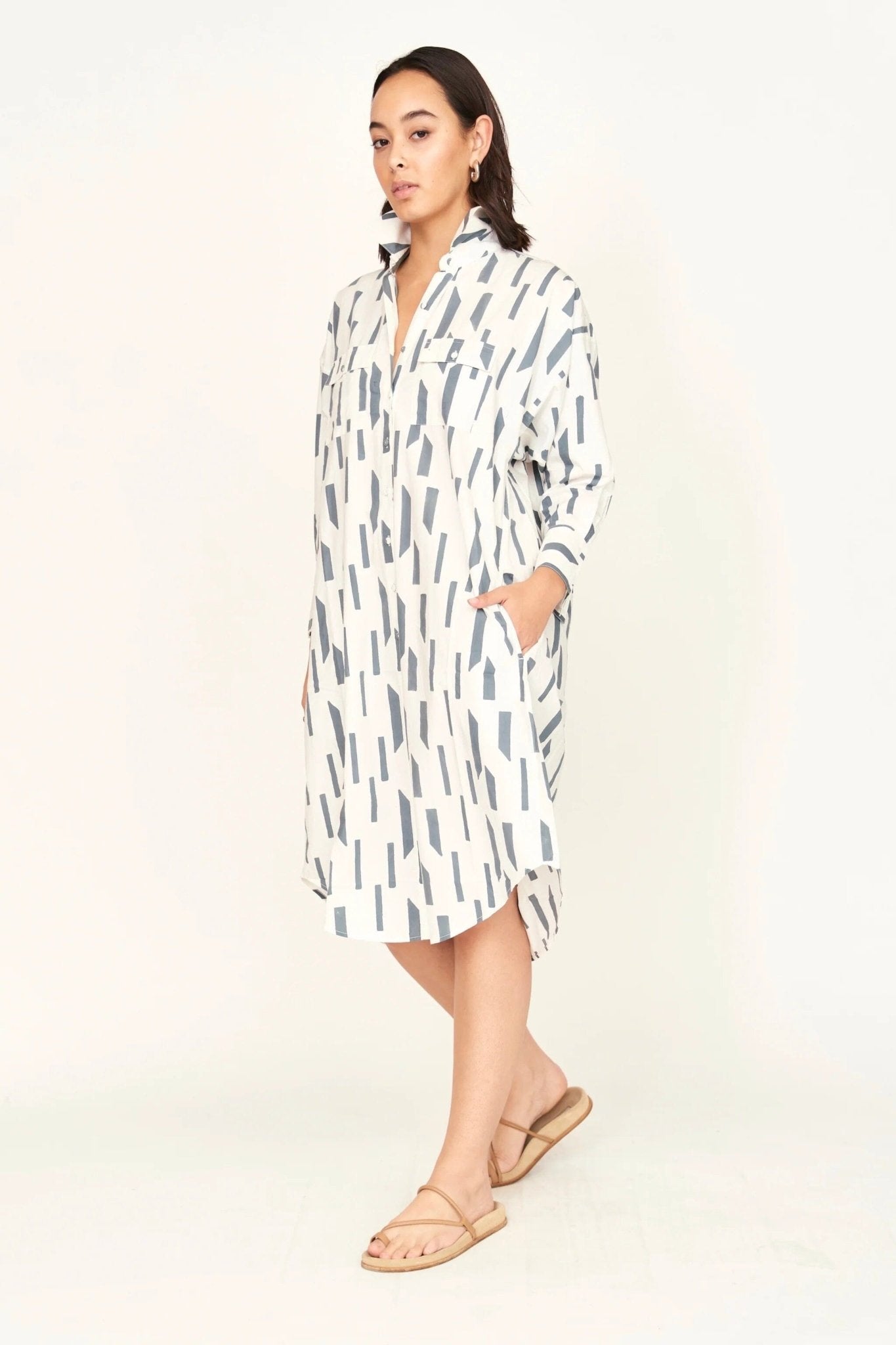Mirth | Kyoto House Dress In White Rainfall - SHOP YUCCA Dress MIRTH - YUCCA, Women’s clothing store Denver, boutique stores near me, capsule wardrobe, women’s elevated basics, casual dresses Denver.