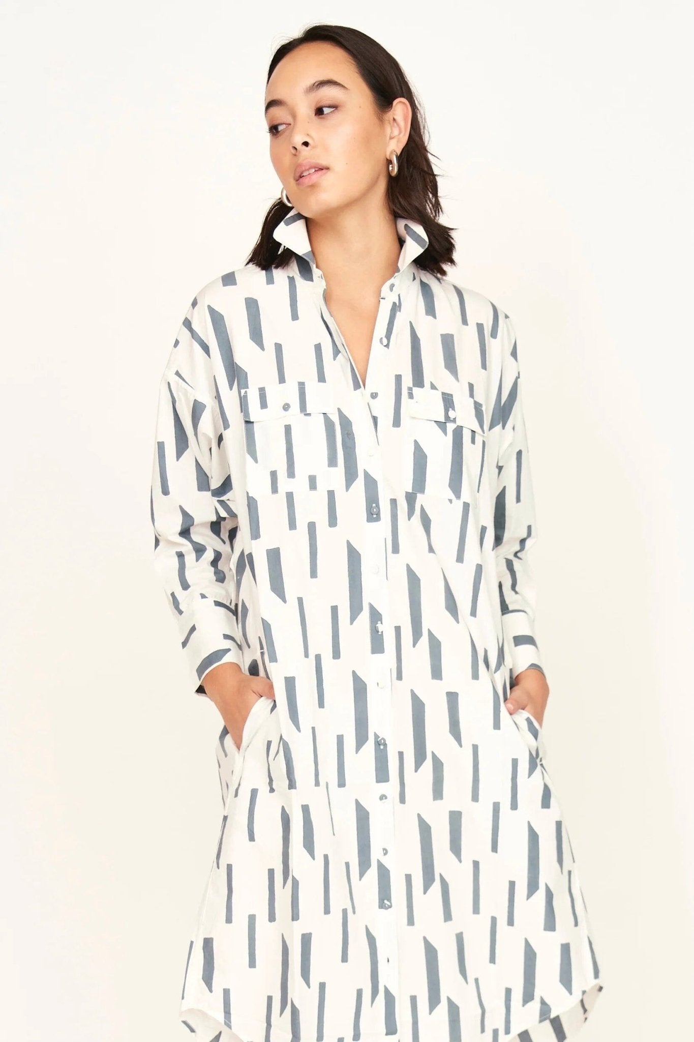 Mirth | Kyoto House Dress In White Rainfall - SHOP YUCCA Dress MIRTH - YUCCA, Women’s clothing store Denver, boutique stores near me, capsule wardrobe, women’s elevated basics, casual dresses Denver.