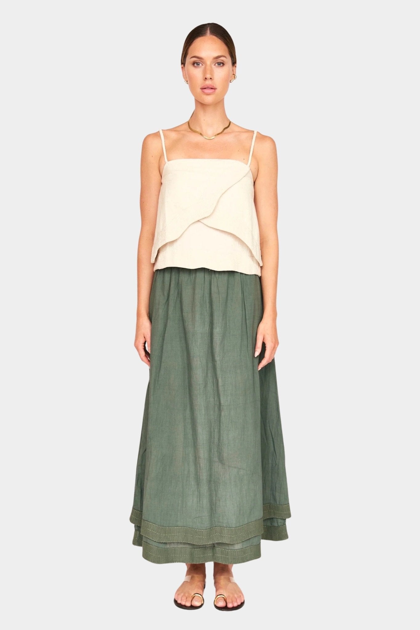 Mirth | Verona Skirt In Verde Fossil - SHOP YUCCA Skirts MIRTH - YUCCA, Women’s clothing store Denver, women’s clothing website, women’s elevated skirts, clothing boutiques near me.