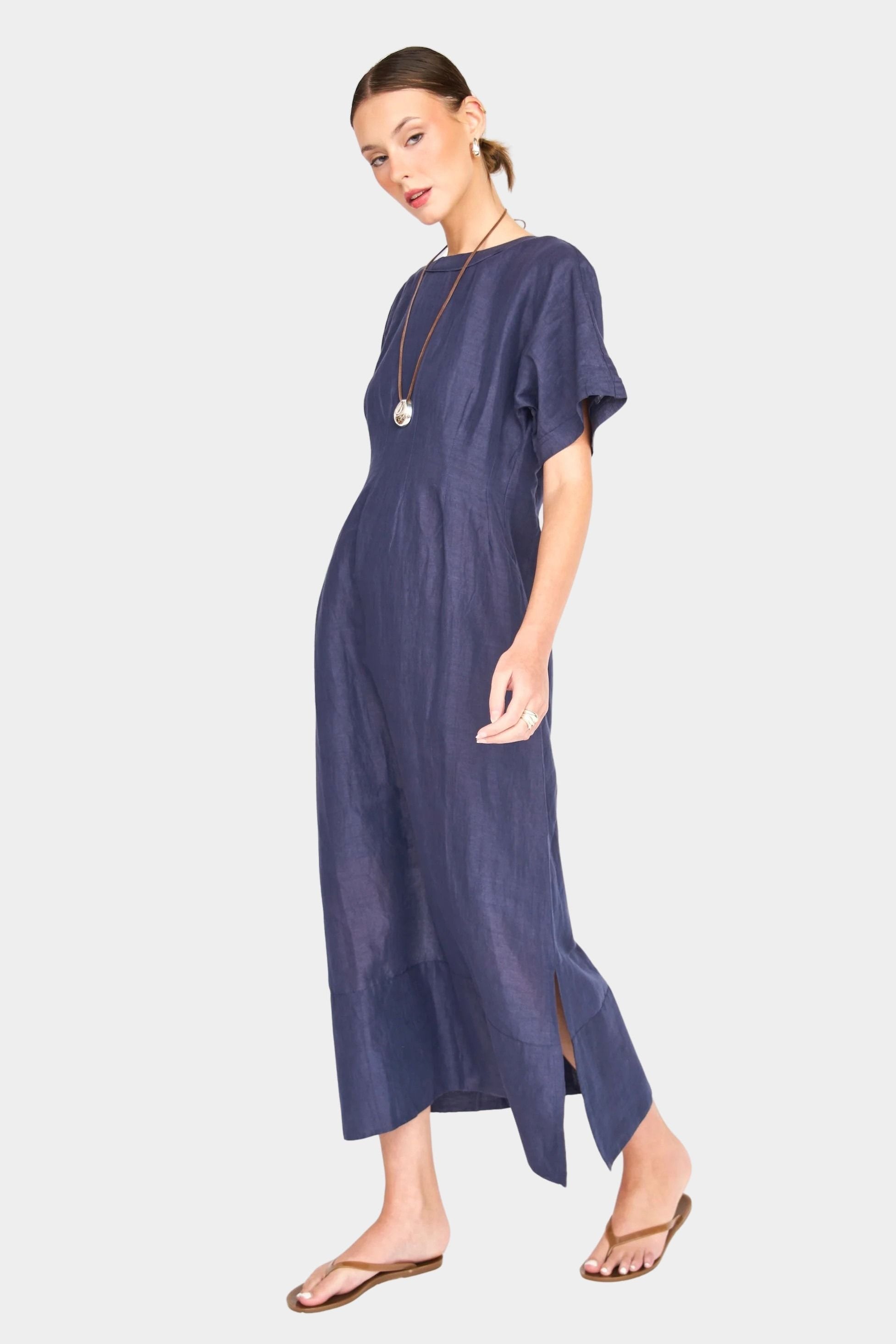 cotton midi dress angled view relaxed drape everyday wear shop yucca denver