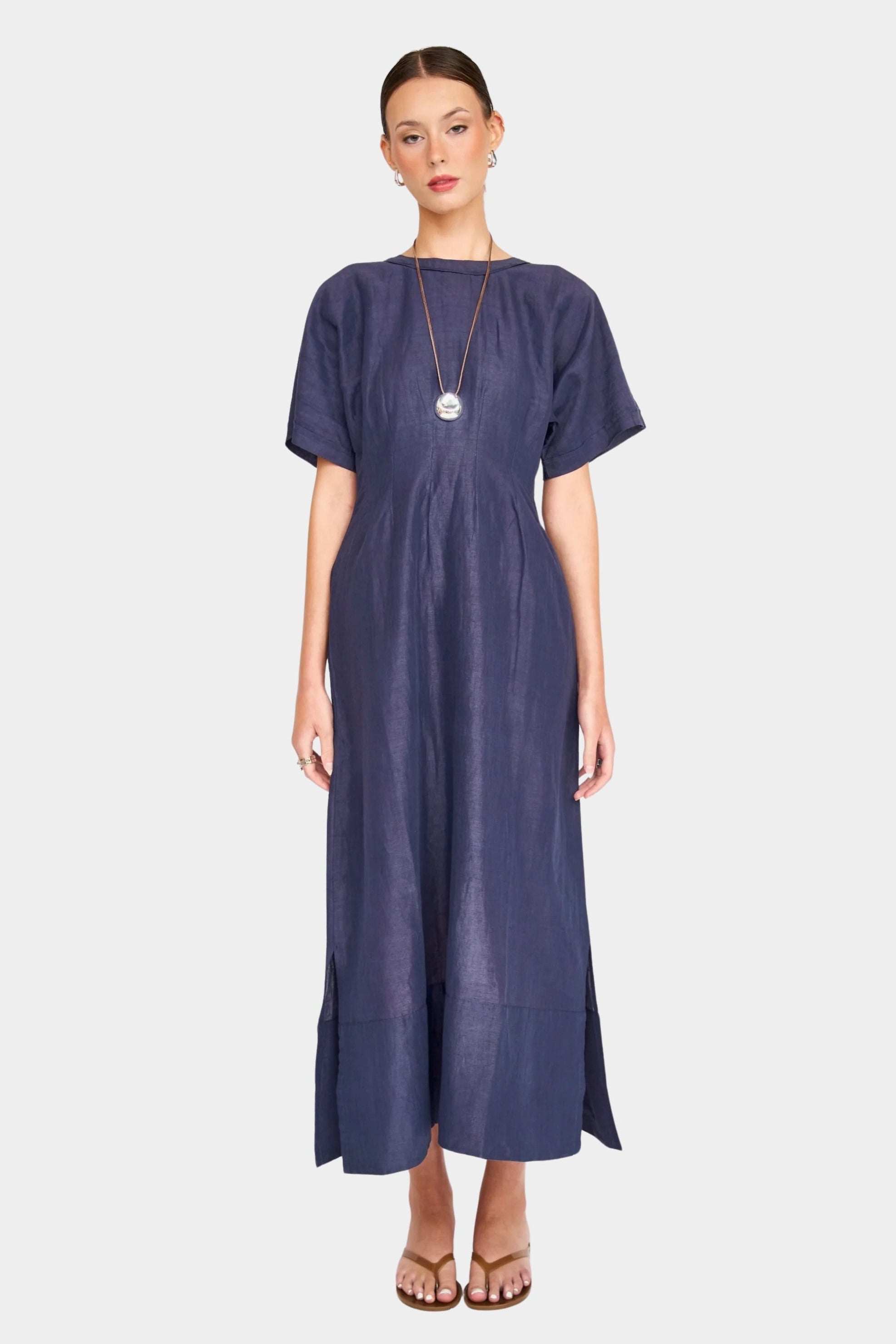 cotton midi dress with pockets front view relaxed silhouette shop yucca denver