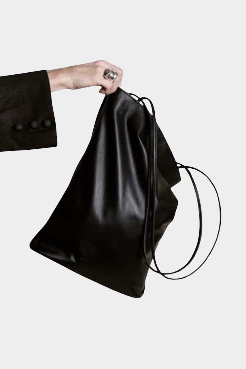 Modern Weaving Slim Elongated Tote Black in Italian lamb leather with soft structure and long shoulder straps