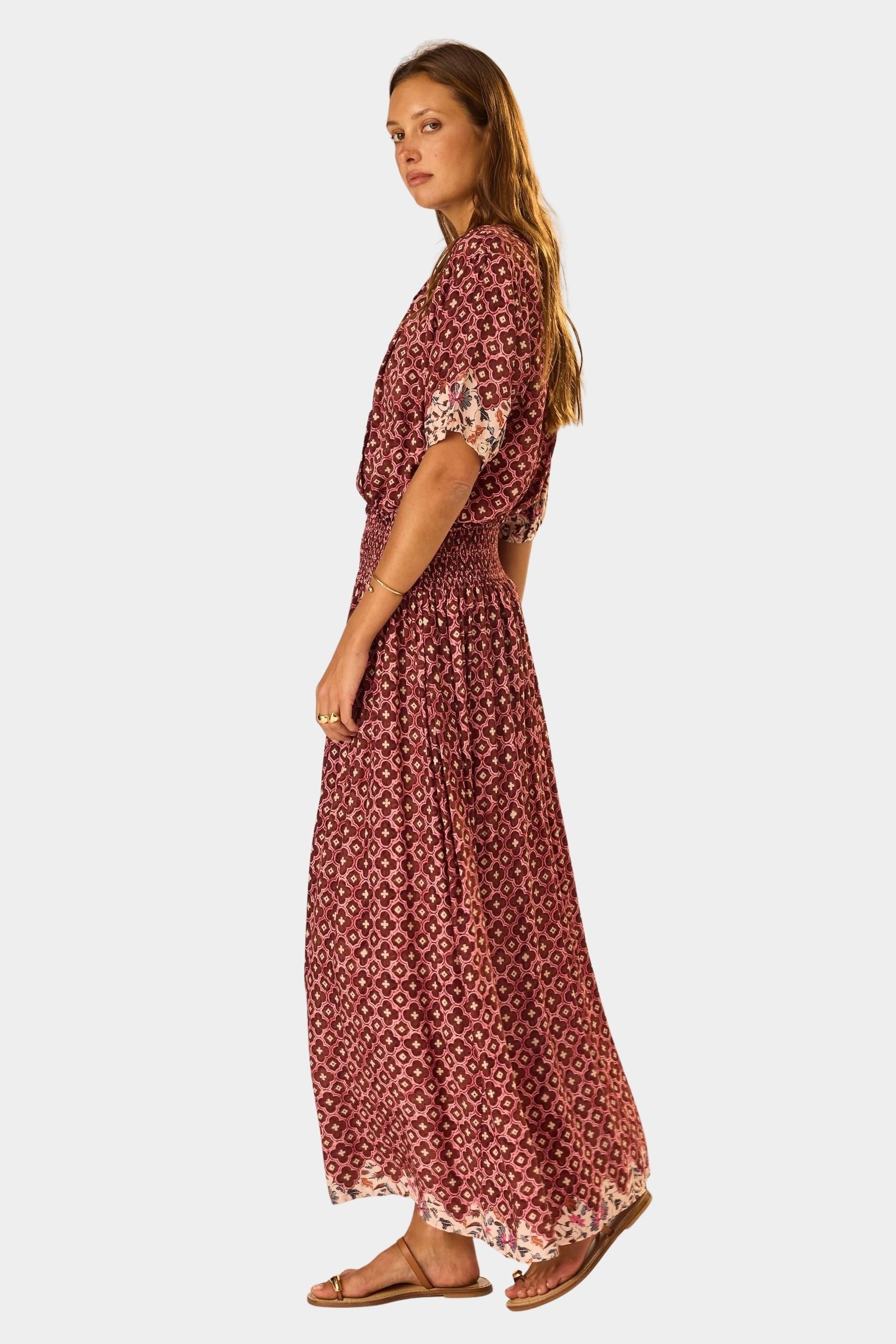 Natalie Martin Bella Skirt Mosaic Spice side profile with lightweight drape