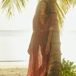 Natalie Martin Bella Skirt Mosaic Spice flowing rayon maxi skirt on beach backdrop