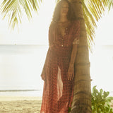 Natalie Martin Bella Skirt Mosaic Spice flowing rayon maxi skirt on beach backdrop