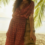 Natalie Martin Bella Skirt Mosaic Spice relaxed printed maxi skirt under palm trees