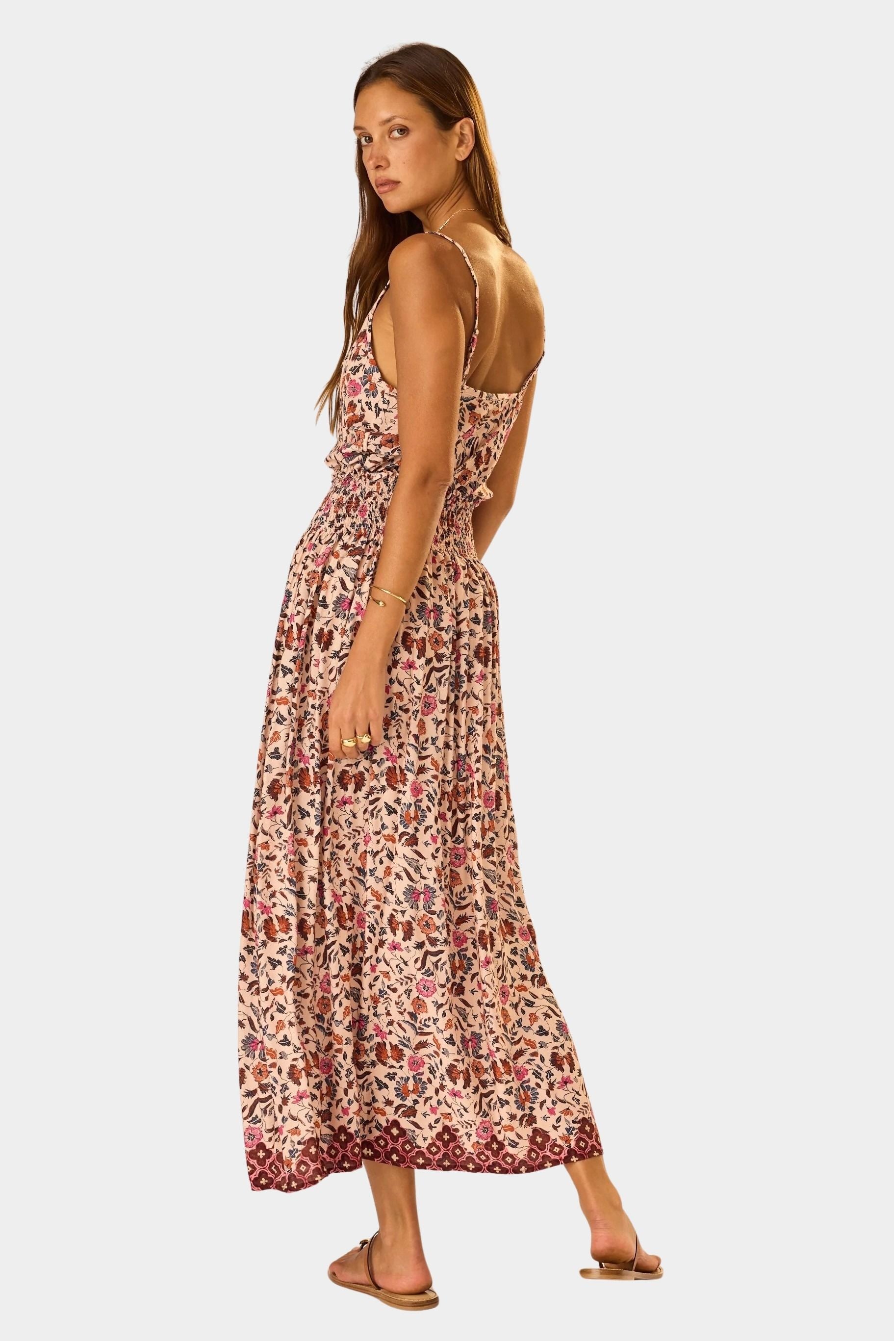 Natalie Martin Bella Skirt Wildflower Spice back view with smocked waistband and flowing floral silhouette