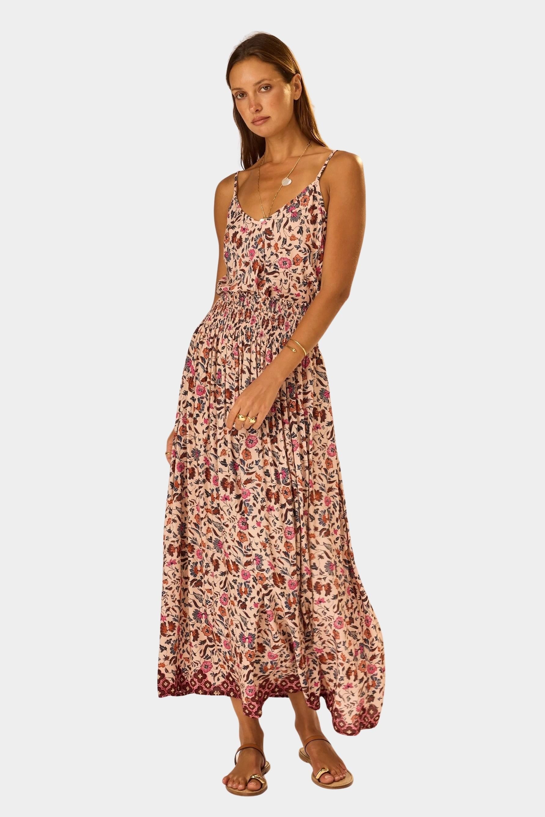 Natalie Martin Bella Skirt Wildflower Spice angled front view with gathered waist and full sweeping skirt