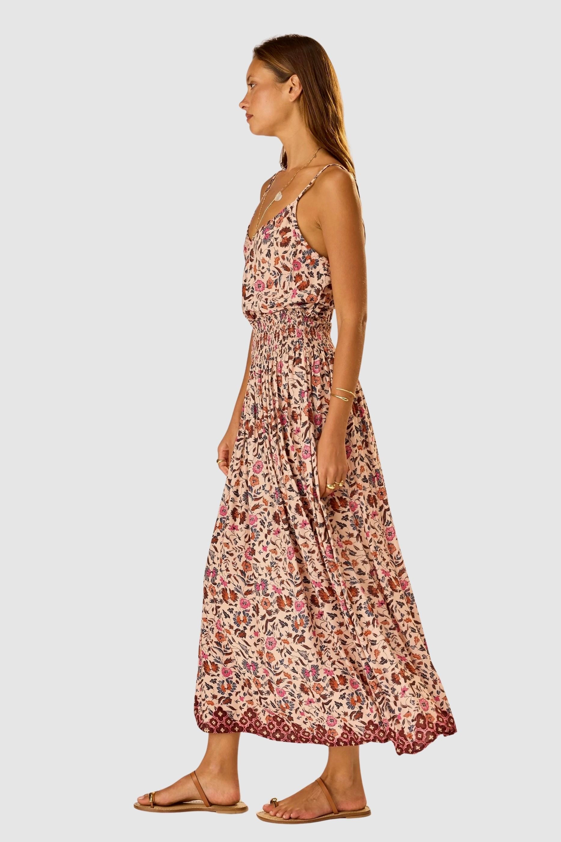 Natalie Martin Bella Skirt Wildflower Spice side profile view with smocked waistband and fluid drape